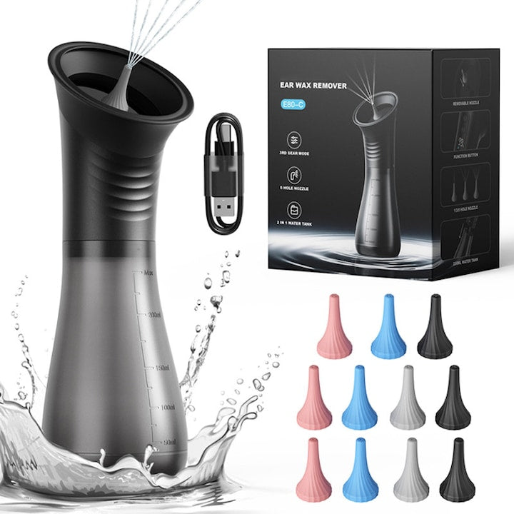 Aparat Portabil pentru Curatat Urechile  Rqiurpn  Indeparteaza Eficient Ceara  3 moduri de Curatare  Kit 10 Duze de Scos Cerumenul  Rezistent la Apa  Acumulator 2000 mAh  USB  LCD  230ml  pentru Adulti si Copii  Multicolor