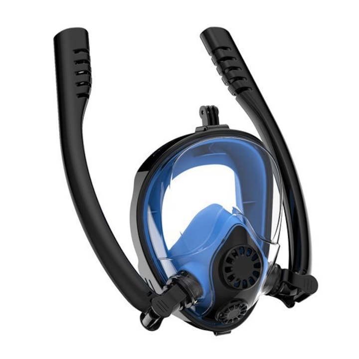 Adult Scuba Diving and Snorkeling Set, consisting of an anti-fog full-face mask and a tube with two air intakes. Efficient ventilation, 180° viewing effect. L/XL