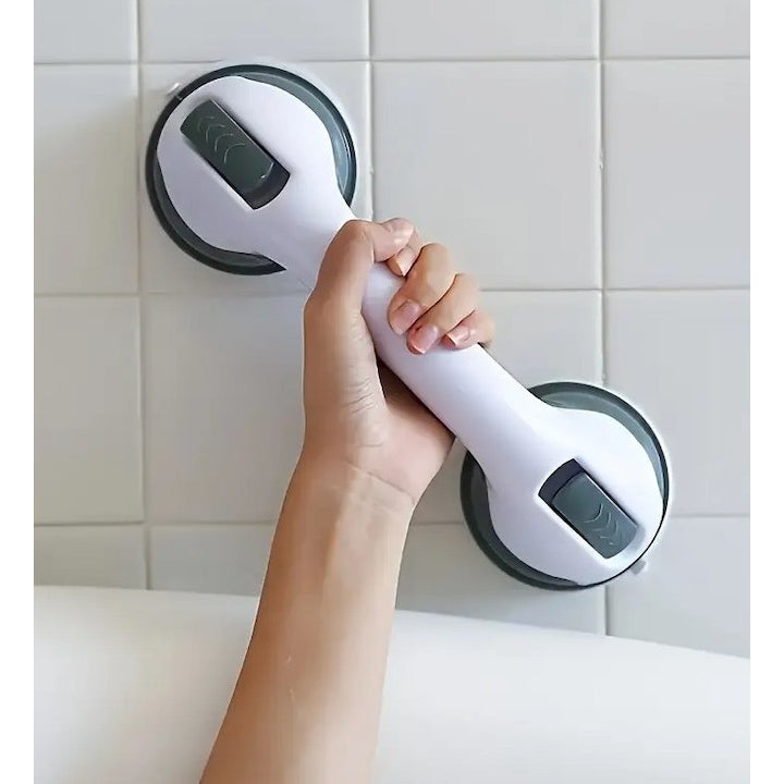 Maner de spijin pentru baie si dus  Zola  ajutor ideal pentru suport suplimentar  fixare ventuze cu vid  diametru ventura 9.5 cm  ABS  29 x 10 cm  alb/gri