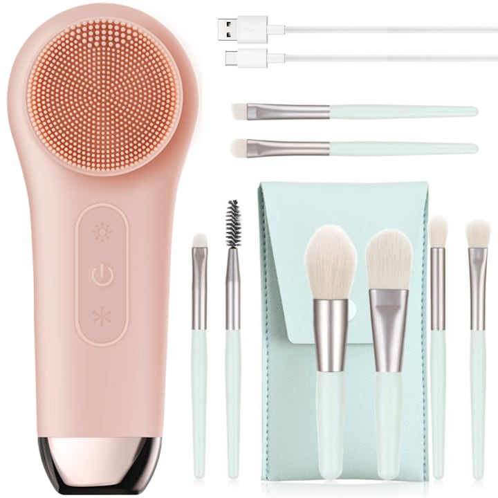 Aparat Curatare si Ingrijire Ten VEVES®  Functie de Incalzire si Racire  Vibratii 15000 RPM/min  Dispozitiv Masaj Facial  Rezistent la Apa  Baterie Reincarcabil  Cablu USB si 8 X Pensule Machiaj incluse