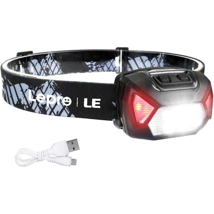 Powerful 30W LED Headlamp, 18000 lumens, 500 meters range, 5000K, with zoom, strong illumination, 5 modes, 1200 mAh rechargeable battery, Professional, Head-mounted, Charging cable