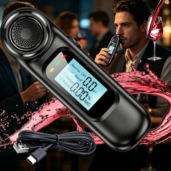 Wacorresi Digital Alcohol Tester Professional Breathalyzer Contactless LED Display Automatic Calibration Accuracy +/-0.01% BAC USB-C Charging Dust-Resistant Compact Black