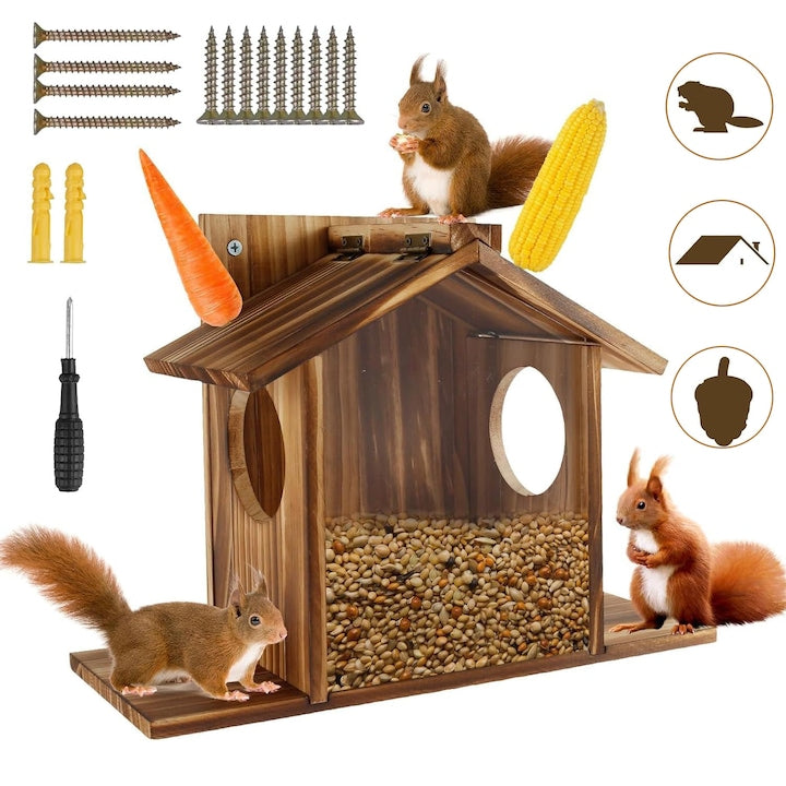 Wooden Squirrel Feeding House, Squirrel Feeder for Garden, Squirrel Feeding Station, Squirrel House with Flexible Roof, for Yard, Funny Gifts