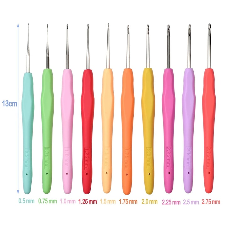 Set of 10 multicolor steel crochet hooks with silicone handle, 0.5mm-2.75mm, 13 cm length