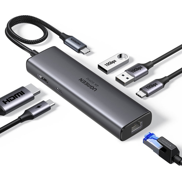 UGREEN 6-in-1 USB-C Hub Adapter 1 x USB-C 100W 2 x USB 3.2 1 x HDMI 4K 60Hz 1 x RJ45 Gigabit USB-C 3.2 Aluminum – Gray