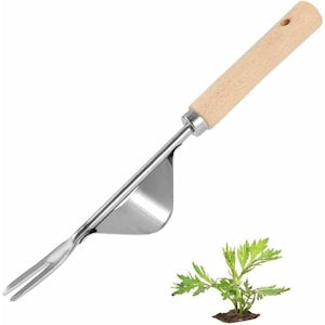 Unealta manuala pentru buruieni  furca gradinarit  otel inoxidabil  maner lemn  30x10cm
