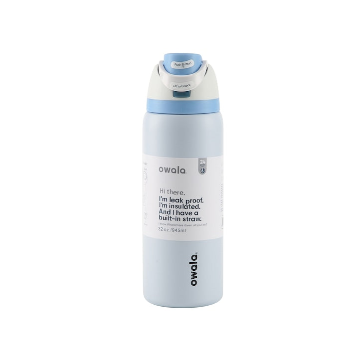 Sticla termo Owala Freesip din otel inoxidabil cu pai incorporat  etansa  albastru/alb  945 ml (32 oz)