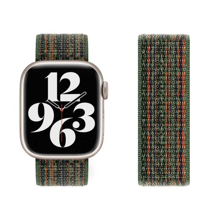 Curea pentru Apple Watch din Nailon Tesut  Tip Loop  38/40/41/42 mm (S10/S11)  Respirabila  Ajustabila  Verde Inchis cu Portocaliu