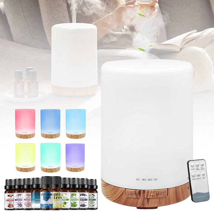 Aromatherapy Diffuser Essential Oil Diffuser 7 LED Colors Remote Control 300ml Capacity Silent Ultrasonic Humidifier Timer and Auto-Off Safety Switch White