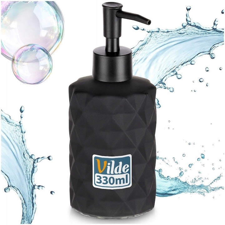 Dozator Manual Pentru Sapun Lichid Si Detergent De Vase  Vilde  330 ml  Negru Mat  Din Sticla Cu Suprafata Decorata  Design Modern Si Extrem De Elegant  Utilizare Universala In Baie Si Bucatarie  Depozitare Estetica Si Reumplere Comoda