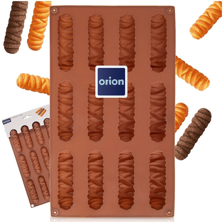 Forma Pentru Fursecuri Saratele Praline Si Ciocolata  Orion  Bastonase  29x17x1.8 cm  Silicon  Maro  Tava Cu 12 Spatii Alungite Pentru Copt Deserturi Dulci Sau Gustari Sarate  Invelis Antiaderent Flexibil  Utilizare In Cuptor Si Congelator