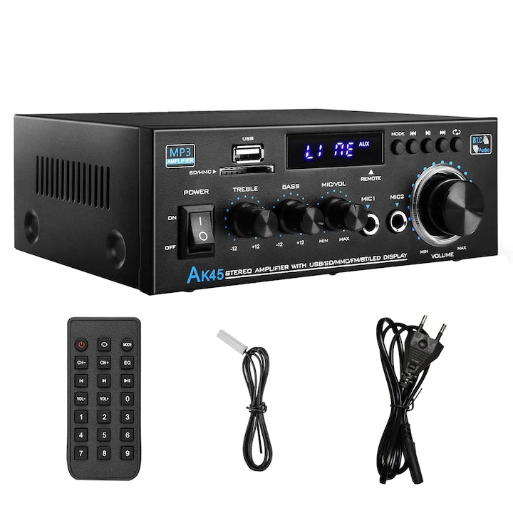 Amplificator audio cu telecomanda  350W x 2  Functia FM  2 canale  Suport intrare USB/SD/AUX  Bluetooth 5.0  Plug and Play  OUYLAF  Negru