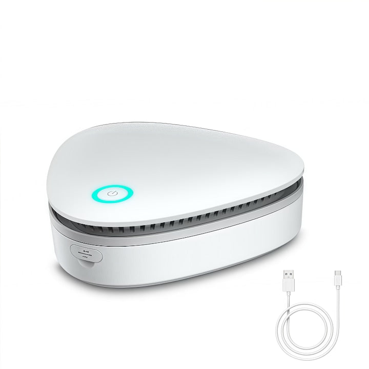 Portable ozone sterilizer ideal for refrigerators, offices, closets, clothes, cars, with disinfection and deodorization functions for toilets, pet odor purifier for cats, dogs, rechargeable, with UV technology, White