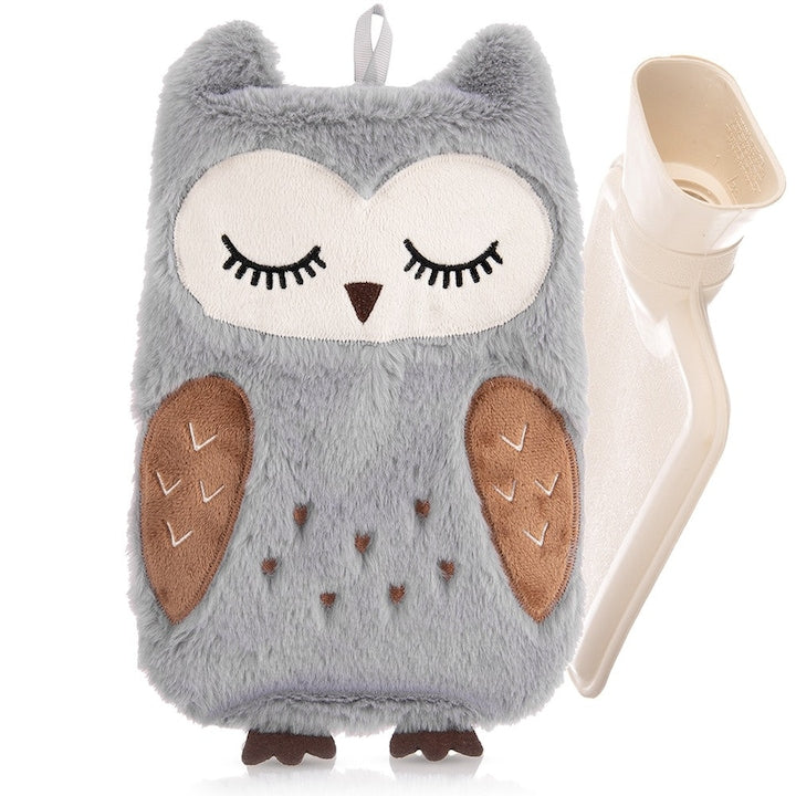 Hot Water Bottle with Cover, Orion Owl Model, 600 ml and 30x19x4.5 cm, Grey, Rubber and Soft Plush, Hot and Cold Thermal Therapy for Muscle Pain and Anti-colic, Removable Washable Cover, Safe Use, Relaxing Winter Design