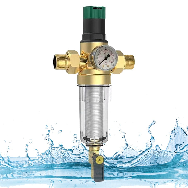 Regulator presiune apa  qipuneky  din alama durabila anticoroziune  dimensiuni 260*134 mm  filet 3/4”. Rezista 6-20 bar  echipat cu manometru. Utilizabil la robinete  dusuri si irigarea gradinii