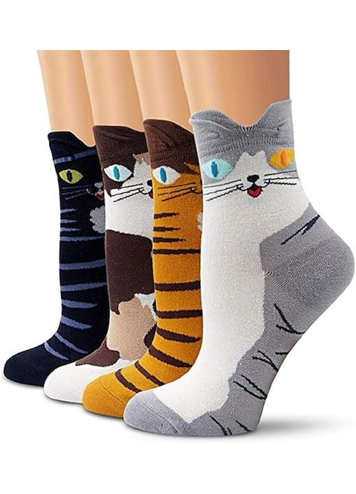 YSBER - Set 4 perechi sosete termice  Femei  bumbac si lana  design pisici  35-40 EU  Negru multicolor