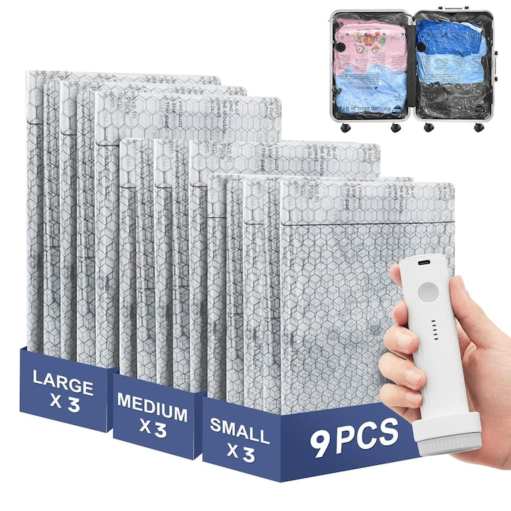 Set 9 Saci Vidat Haine cu Pompa Wireless  Reutilizabili  depozitare convenabila si economie de spatiu  S:50x40cm*3  M:60x40cm*3  L:60x50cm*3  Aplicabila pentru Activitati outdoor drumetii  camping  Transparent