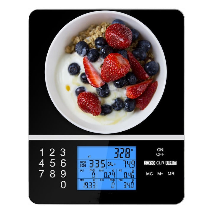 Smart Kitchen Scale Rqiurpn, 999 Nutritional Values for Food, Calorie Calculator, 1g, Tare, LCD Display, Auto Shut-off, 4 Unit Conversions, Overload Indication, For Meal Prep, Kitchen, Baking, Weight Loss, Black