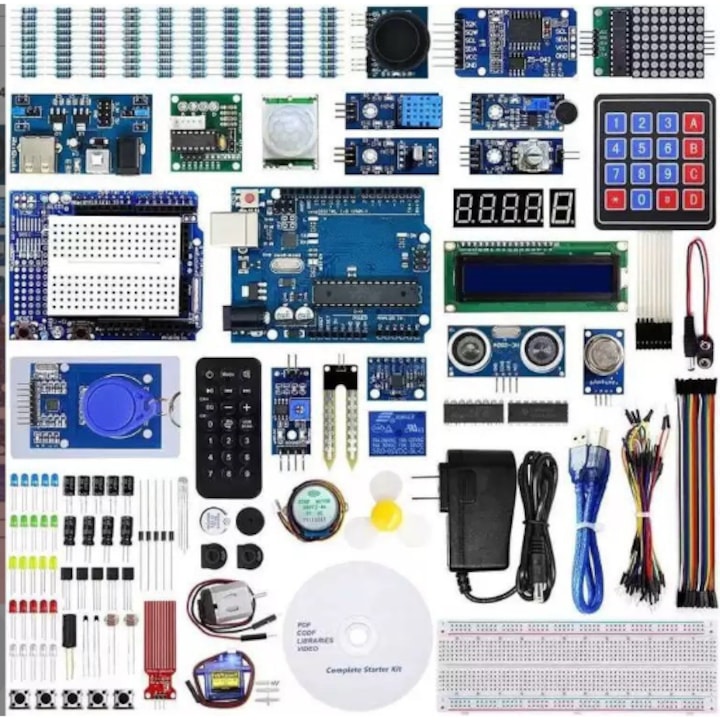 Un kit de proiect Arduino complet  cu 238 de componente  inclusiv o placa de dezvoltare si senzori  fiind usor de utilizat si pentru incepatori