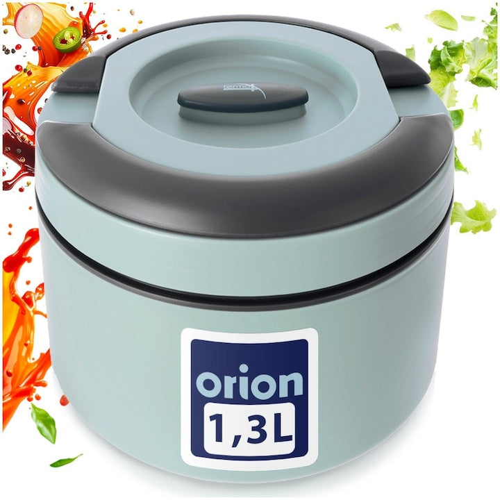 Termos Alimentar Pentru Pranz  Orion  Termo  1.3 L  Menta/Gri  Otel Inoxidabil  Recipient Termic Cu Supapa Eliberare Presiune  Inchidere Ermetica  Pastrare La Cald Sau Rece  Manere Pliabile  Cutie Pranz  Lunchbox Izolat  Dimensiuni 16.5x16.5x12 cm