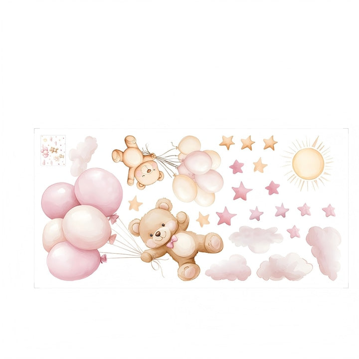Set stickere decorative pentru camera copilului  Ursulet cu Baloane Roz – 60x30cm  Design Dragut pentru Camera Copii si Bebelusi