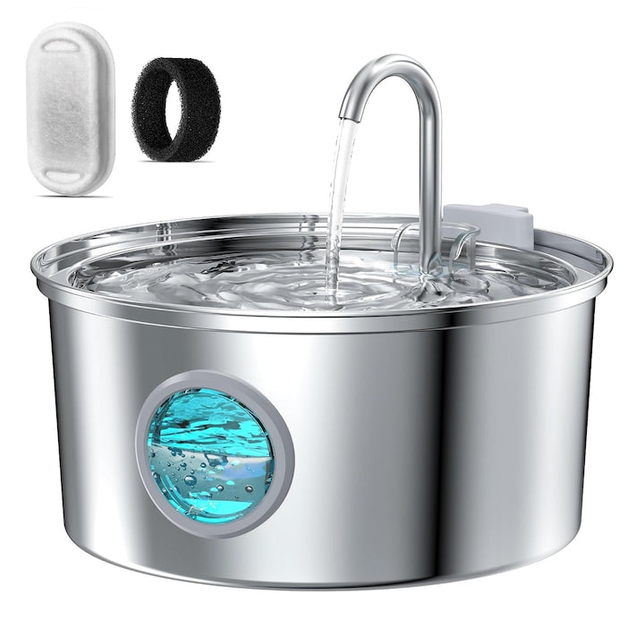 Fantana automata pentru animale  3.2L  inox  cu fereastra nivel apa  argintiu