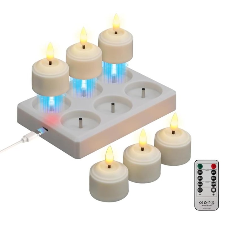 6 ZOUN Rechargeable LED Candle Sets, with Remote Control and Charging Base for Holidays, Carnivals, Parties, Dinners, Weddings, Timer Functions, White