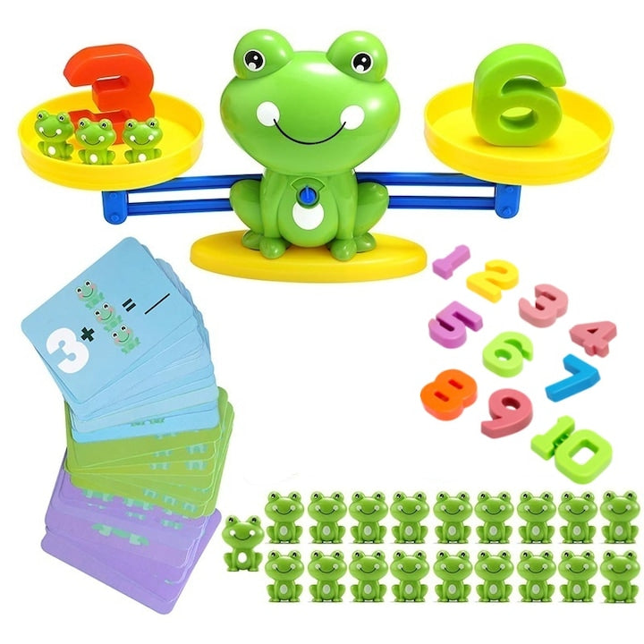 Joc educativ de echilibru  BOMSTOM  joc matematic cu broasca  63 accesorii  verde  34.5x15cm