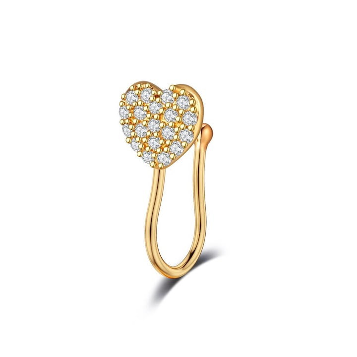 VeeShop - Cercel ear cuff minimal  piercing fals pentru nas  inimioara cu cristale mici Urechea stanga sau dreapta  Auriu  Urechea stanga sau dreapta