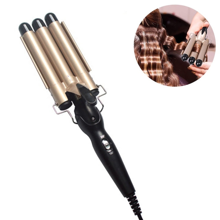 Ceramic tourmaline triple barrel waver, rose gold, 22mm, 35cm