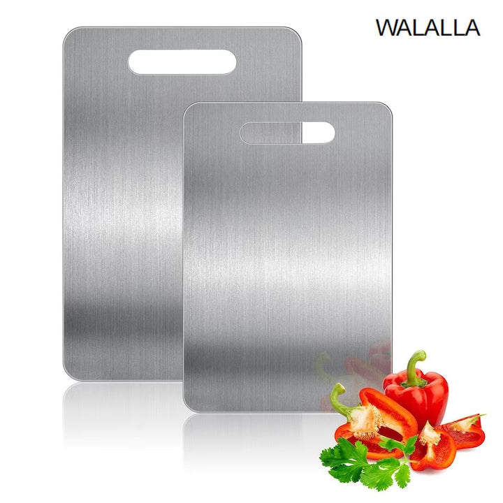 Pachet de 2 placi de taiat din titan  placi de taiat din otel inoxidabil  WALALLA  30x20cm si 34x23cm  gri argintiu