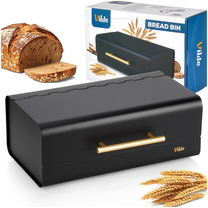 Cutie pentru pâine Vilde  metal  negru mat  36x23x14.5 cm  închidere tip rulou cu mânere aurii