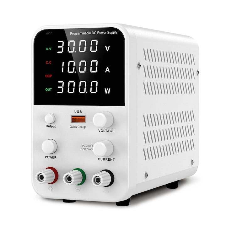Sursa de alimentare DC variabila  sursa de alimentare de banc cu buton de reglare a codificatorului  buton de activare/dezactivare iesire  sursa de alimentare reglabila cu incarcare rapida USB  scurtcircuit Alam  30V 10A  WALALLA  alb