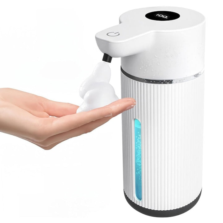 Automatic Foam Soap Dispenser Rqiurpn Smart Touchless Sensor 4 Dispensing Levels LED Display 420ML IPX6 Fast USB-C Charging Wall or Countertop Mounting Applicable for Bathroom and Kitchen White