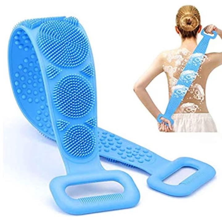 Perie de Baie din Silicon tip Banda  DAVIDAMI CONCEPT®  pentru Curatare  Exfoliere si Masaj Corporal  Albastru
