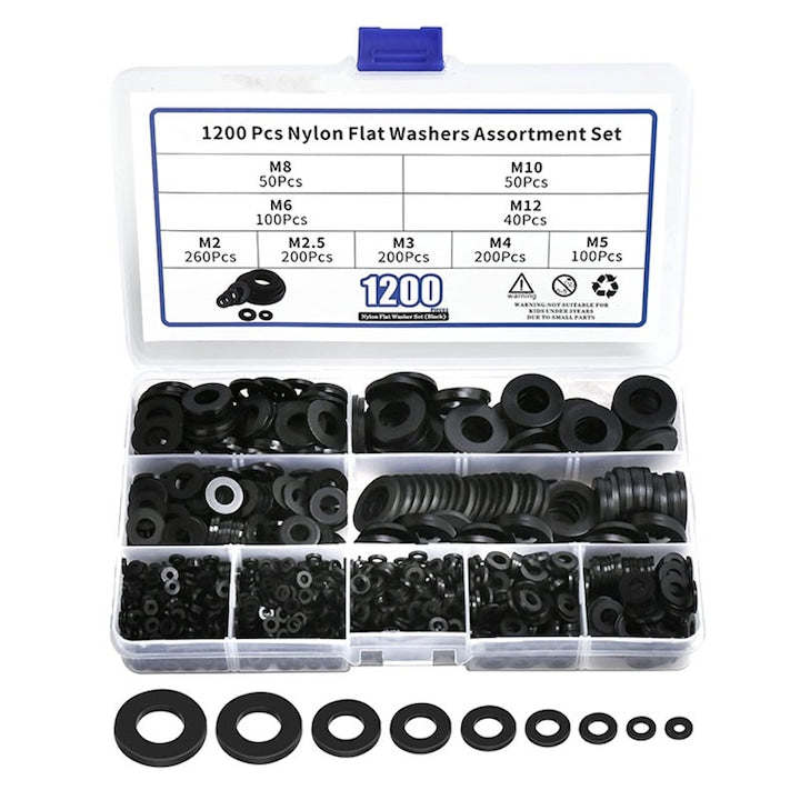 Set 1200 saibe plate nylon  Rqiurpn  9 dimensiuni diferite  M2-M12  Cu carcasa de plastic pentru depozitare usoara  Pentru conexiuni electrice  Negru