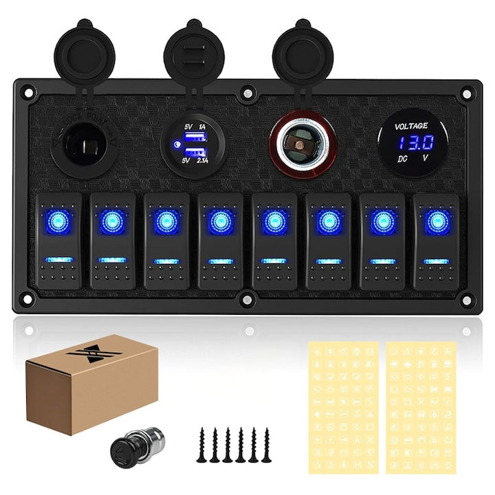 Auto/Boat Switch Panel for Mounting, Rqiurpn with 8 Buttons, 12V-24V, 2 USB Ports, with 12V Cigarette Lighter Socket and Dual LED Voltmeter, Black