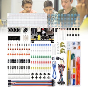 Set Componente start componente electronice，Cu Modul de alimentare  Breadboard 830 puncte  potentiometru de precizie  rezistente si LED-uri，400+，Compatibil cu Arduino R3，Raspberry Pi，STM32，ideal pentru incepatori si practica DIY