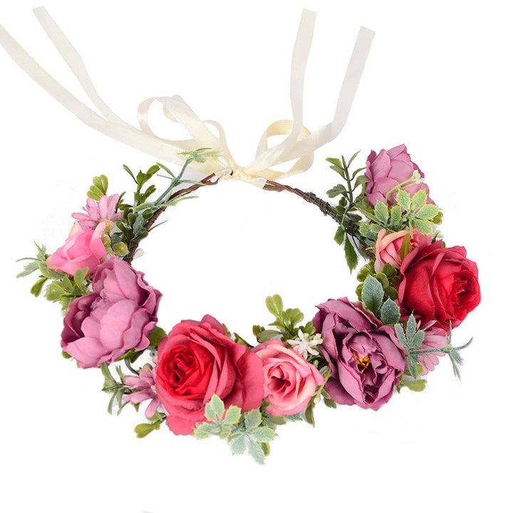 OEM - Floral hair crown, elegant design, artificial flowers, pink