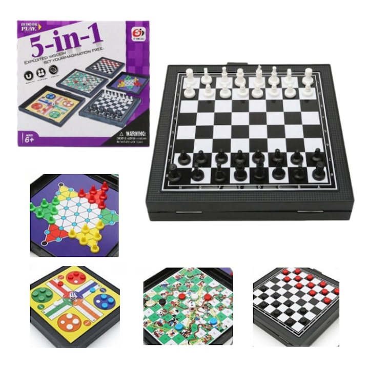 Joc de societate 5 in 1 de sah  Fantasy  Include sah  dame  sah zburator european  dame chinezesti si serpi si scari  pliabil  magnetice  14.8 x 2.4 x 15.4 cm  Potrivit pentru echipe de 2-4 jucatori sau reuniuni de familie