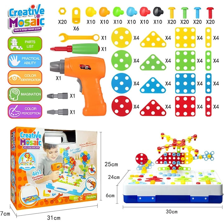 Set de constructie Nicerpro  237 piese  joc cu bormasina si surubelnita  multicolor  pentru copii 3-10 ani