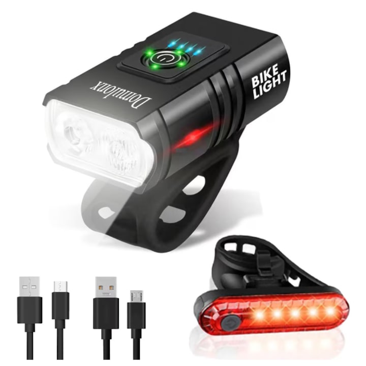 Front and Rear Bicycle Light Set, 1000 Lumens, USB Rechargeable, IPX5 Waterproof, 6 Modes, Black