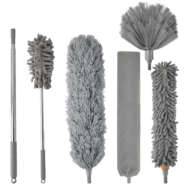Set perii de praf telescopice Qinglee  microfibra  capete interschimbabile  extensibile pana la 290cm  gri