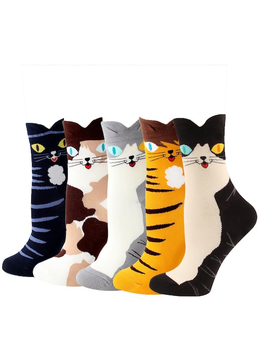OEM - Sosete dama  set de 5 perechi  design amuzant cu pisici  multicolor  marime universala