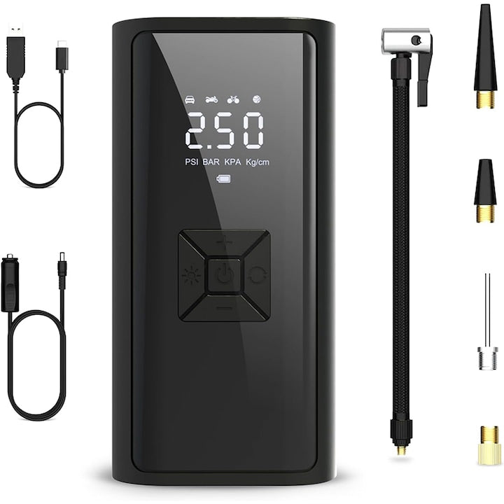Compresor auto portabil  Rqiurpn  150 PSI  4000mAh  Afisaj digital LED  cu lumina de urgenta  USB Type-C  Power Bank  Negru