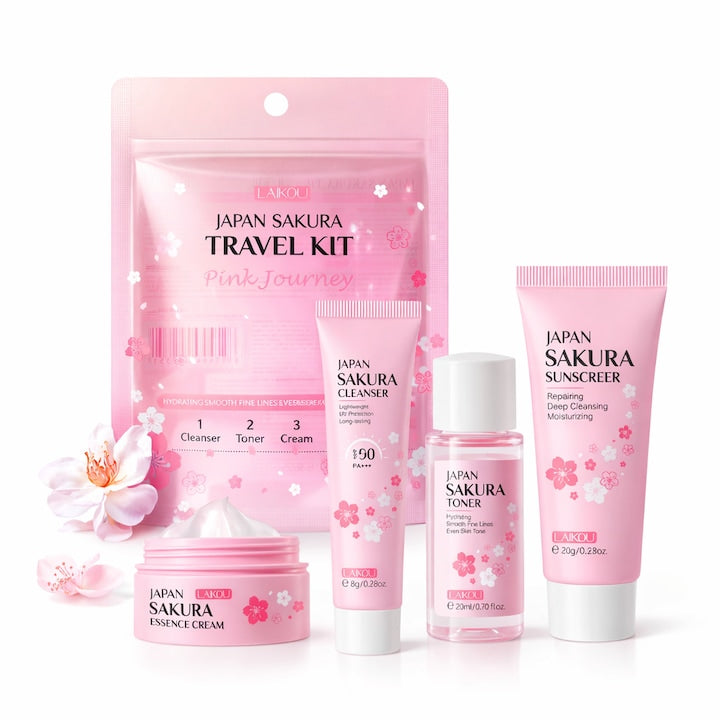 Set Travel Laikou Japan Sakura - Kit complet ingrijire ten  4 produse  hidratare intensiva  iluminare  multicolor