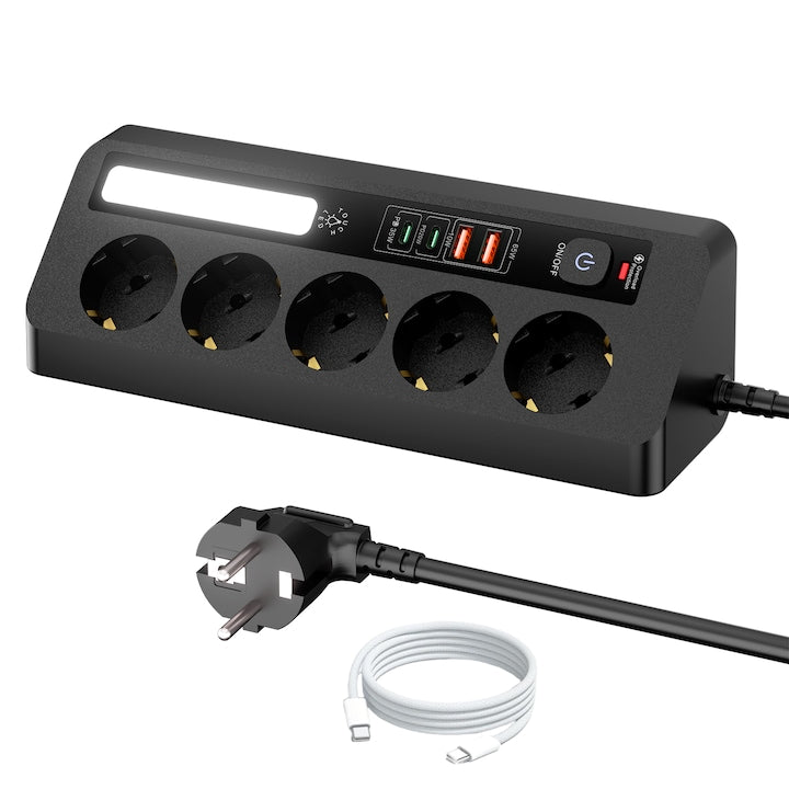 Prelungitor de birou cu 5 prize si 4 porturi USB (PD35W + PD20W)  priza multipla cu lumina LED  cu intrerupator si cablu de 2 m  include cablu impletit de 1.5 m  pentru birou si casa  Negru