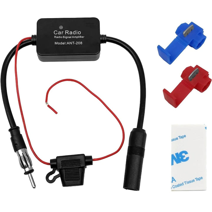 Amplificator semnal antena radio FM AM  Axroad Mall  12V  Cu 2 buc cleme de cablu  Reduce zgomotul  Rezistent la praf  Usor de instalat  Pentru masina  furgoneta  camion  ABS/Metal  33cm  Negru