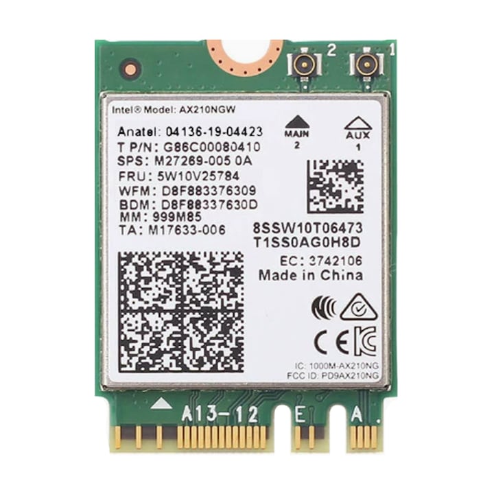 Placa de retea  Intel  Dual Band Wireless AX210ngw  WiFi 6E(6GHz Band)  2.4GHz/5GHz/6GHz  Bluetooth 5.3  NGFF M.2/A-E-Key 802.11ax  574Mbps/2400Mbps  Compatibil cu Win10/Win11/Chrome OS/Linux 5.1  OUYLAF  Metal/ABS