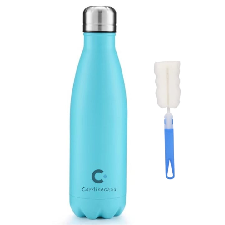 Sticla Termoizolanta fabricata din Otel Inoxidabil de calitate alimentara 500ml  Cu perie de curatare  Ecologic  Rezistent la rugina si la scurgeri  Pastreaza Bautura Fierbinte sau Rece timp de 12 ore  Turcoaz